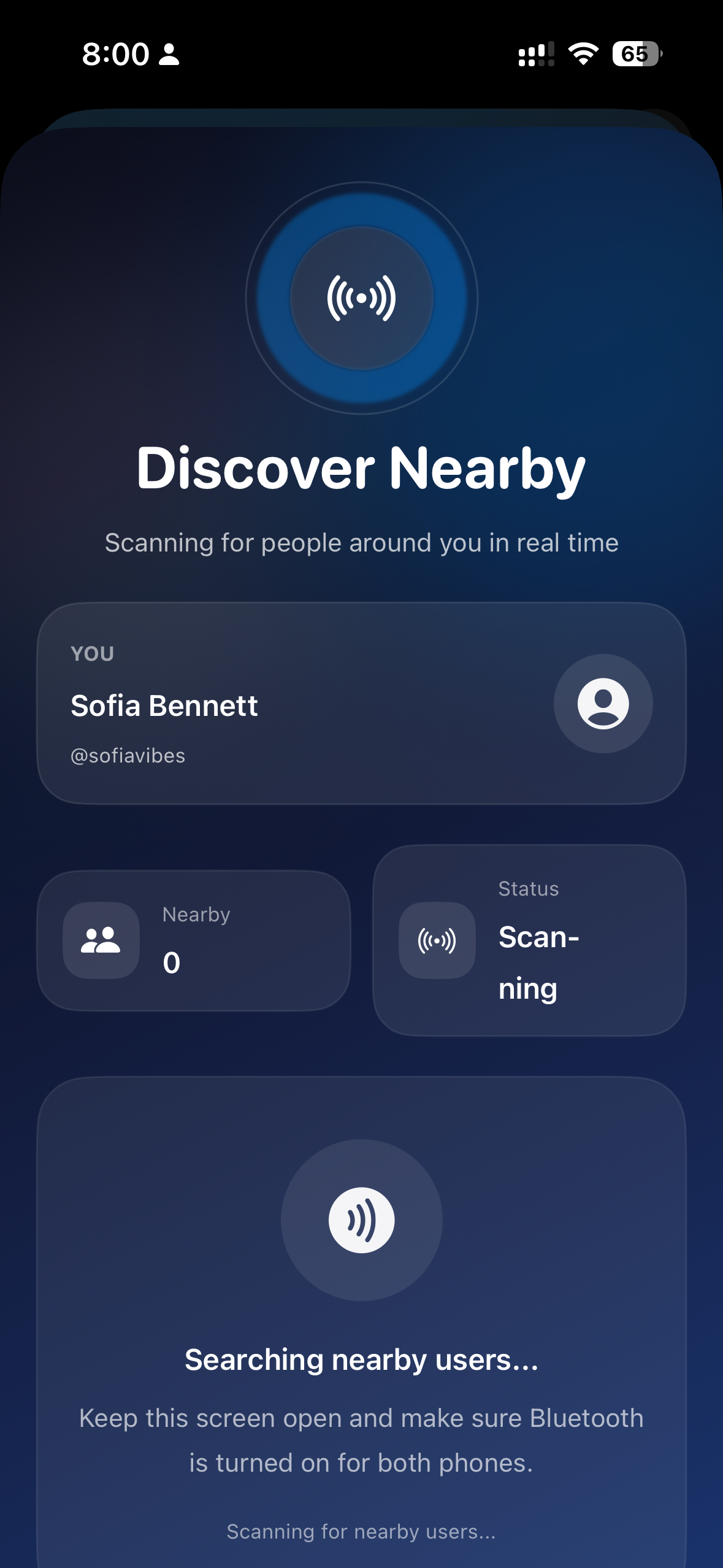 Praxis nearby social discovery app screen for finding people nearby