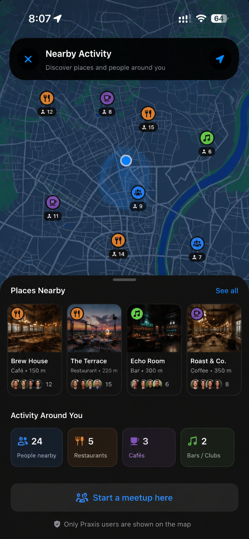 Praxis local event planning app screen showing nearby activity
