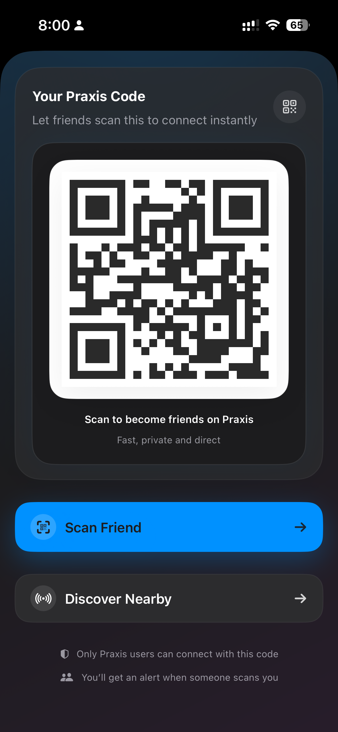 Praxis QR code check-in screen for venue-based social discovery