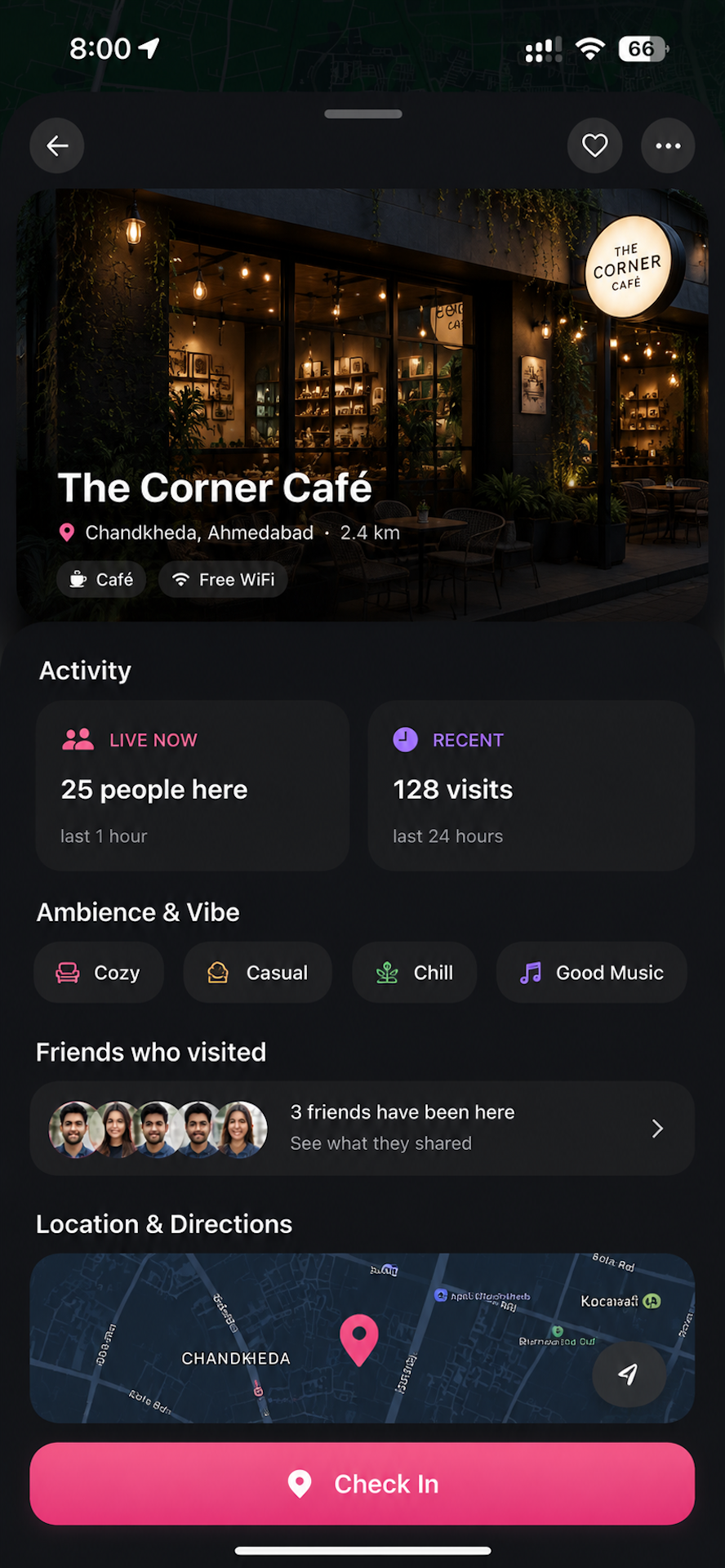 Praxis restaurant check-in screen for local social activity